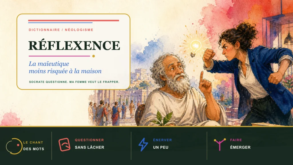 Socrate lève un doigt pour questionner tandis qu’une femme exaspérée lève le poing ; une idée lumineuse émerge entre eux.