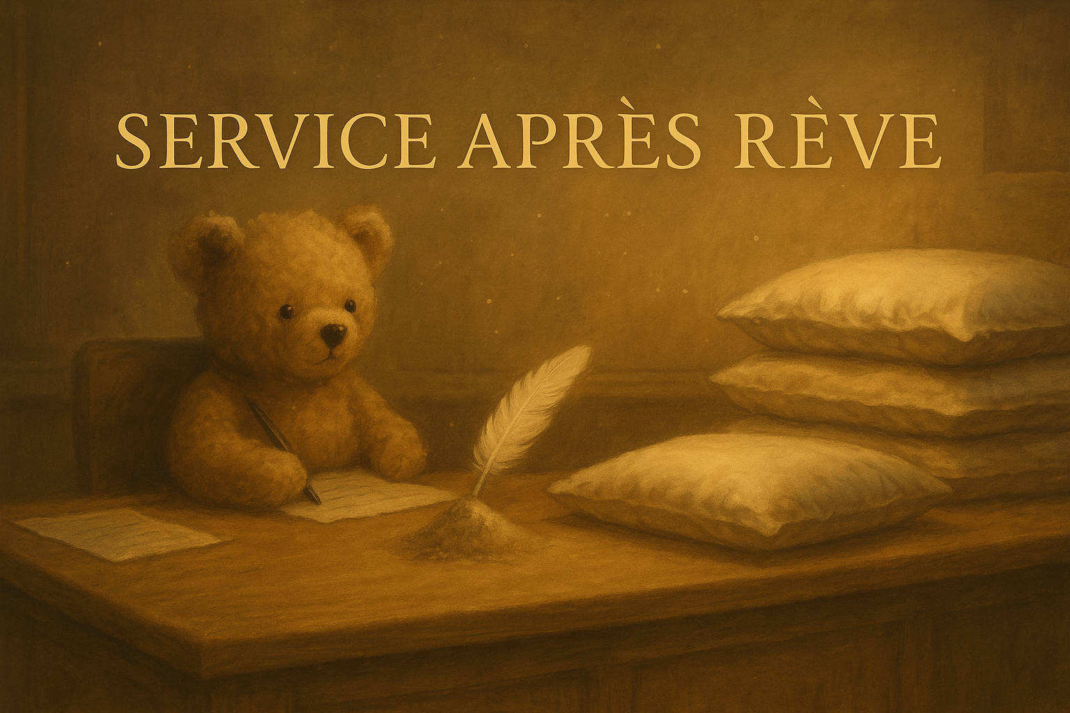 Un ours en peluche écrit à côté d’une plume et de coussins sous le titre Service après rêve.