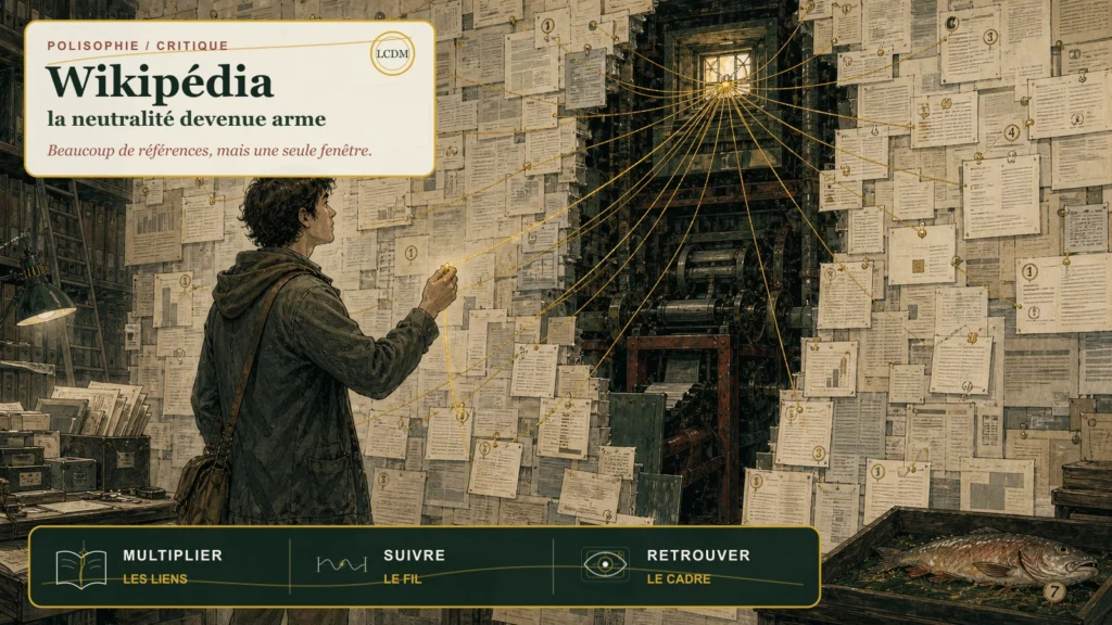 Illustration du Chant des Mots montrant un lecteur face à une muraille de documents reliés par des fils dorés à une seule fenêtre et à une même presse, image du polysourçage monocadre. Un petit saumon mort repose dans un bac d’archives.