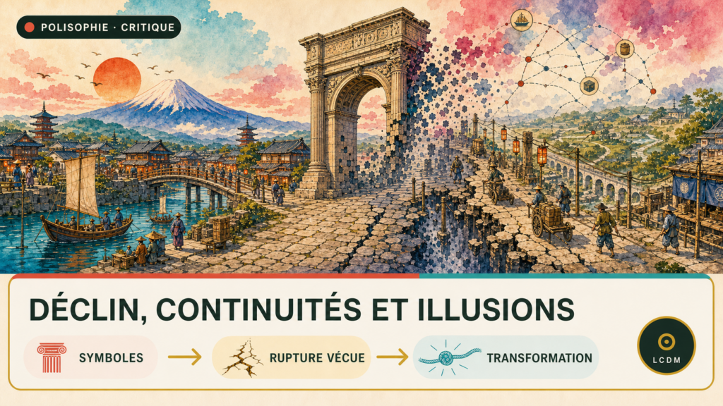 Un arc romain demeure debout tandis que la route se fracture entre continuité des symboles et transformation vécue.