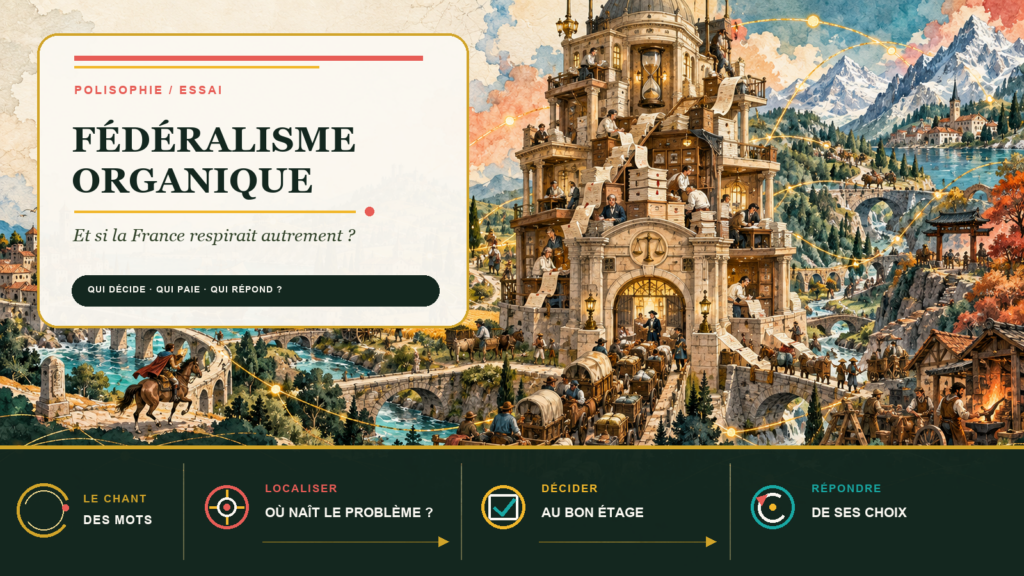 Tour administrative centralisée face à des territoires reliés par des routes, illustration du fédéralisme organique.