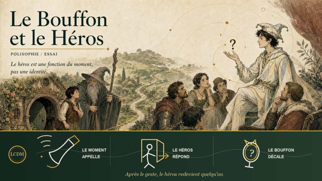 Illustration du Bouffon et du Héros : le moment appelle, le héros répond et le Bouffon décale le regard.