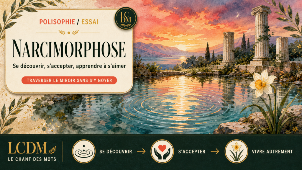 Couverture aquarellée de Narcimorphose : une mare réfléchissante, des colonnes grecques et un narcisse.