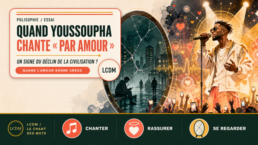 Un chanteur lumineux face à un miroir fêlé révélant une ville sombre, entre amour affiché et dissonance intérieure.