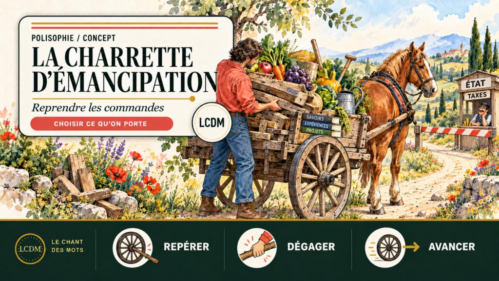 Un homme charge des planches dans une charrette remplie de fruits, de livres et d’outils, devant un checkpoint État et Taxes.