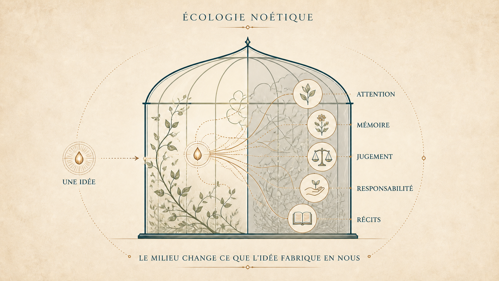 Infographie de l’écologie noétique : une idée traverse une serre et agit sur l’attention, la mémoire, le jugement, la responsabilité et les récits.