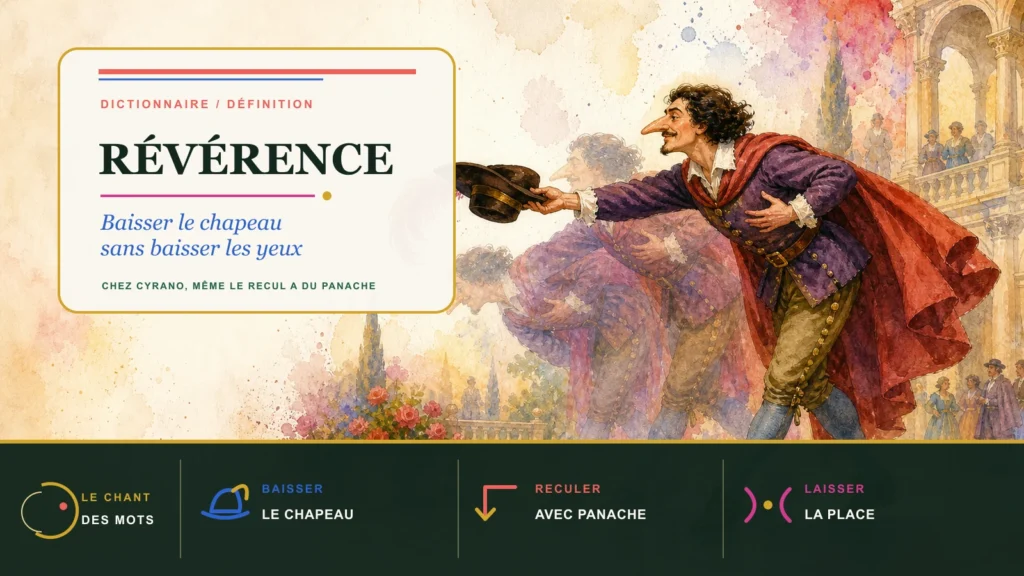 Cyrano, chapeau à la main, multiplie les révérences avec panache tandis que ses silhouettes successives dessinent son mouvement.