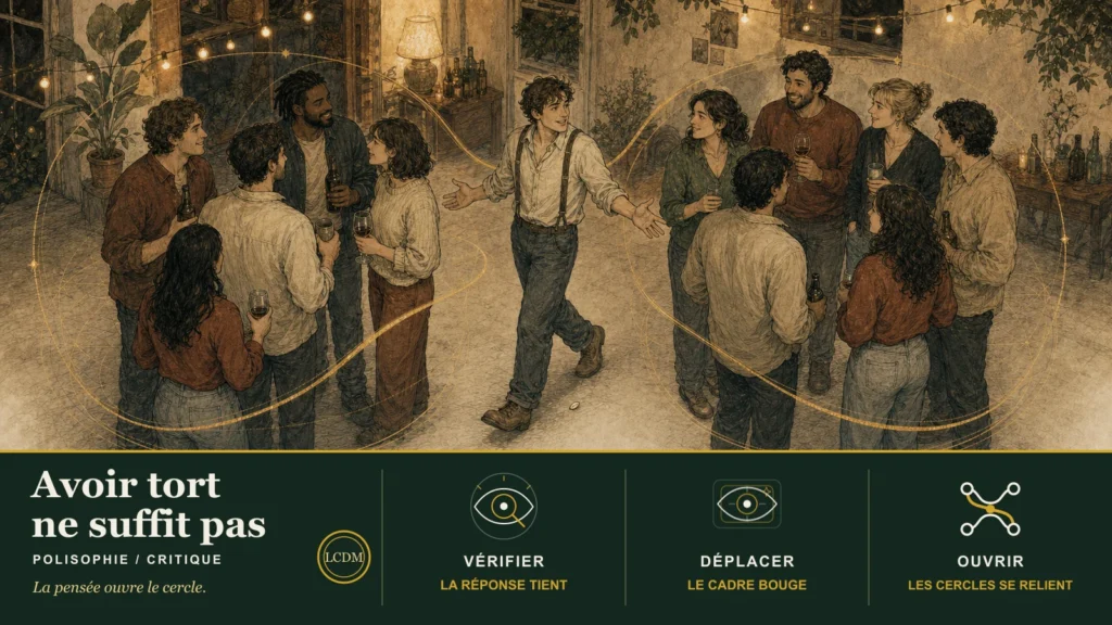 Illustration du Chant des Mots montrant deux cercles de jeunes discutant lors d’une soirée, tandis qu’une personne placée au milieu ouvre sa posture et relie les deux groupes. Un bandeau résume trois gestes : vérifier, déplacer et ouvrir.