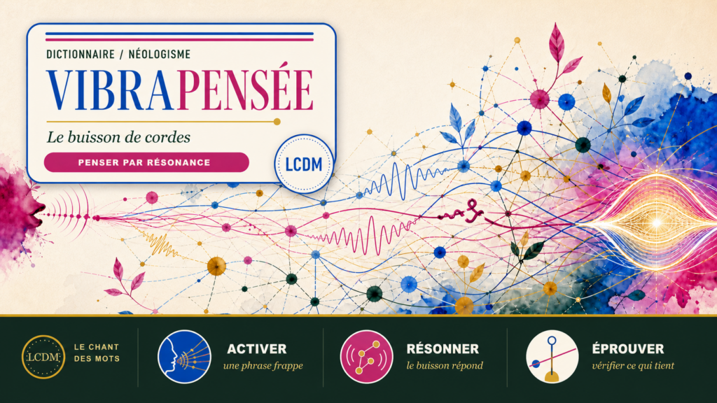 Un buisson de cordes associatives vibre et fait émerger une idée, avec un cartouche Dictionnaire et un bandeau pédagogique LCDM.