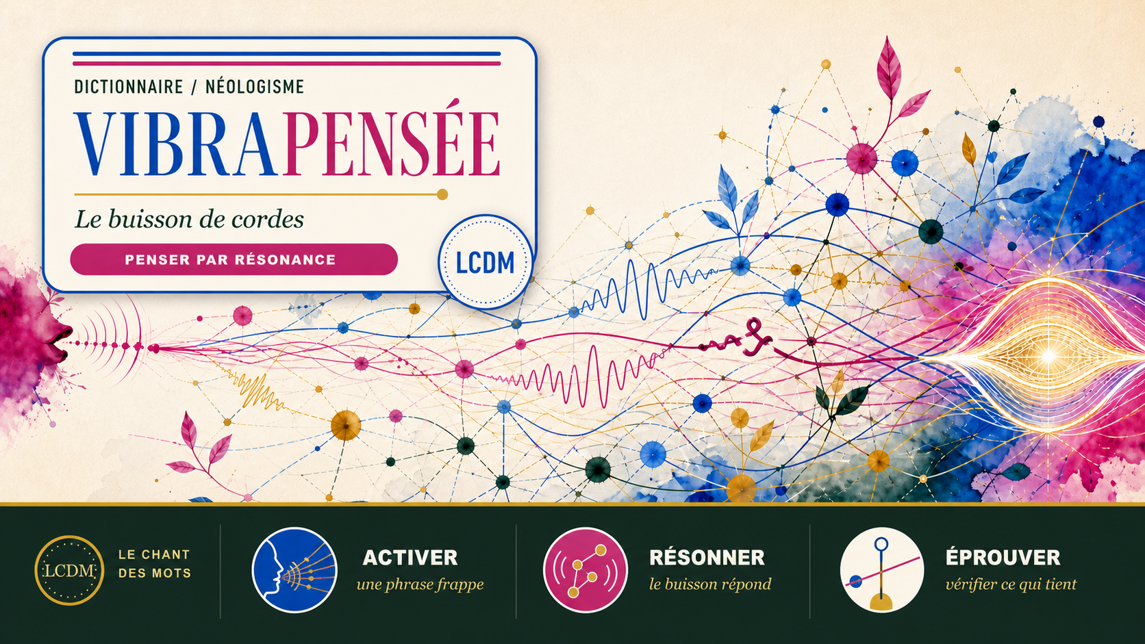 Un buisson de cordes associatives vibre et fait émerger une idée, avec un cartouche Dictionnaire et un bandeau pédagogique LCDM.