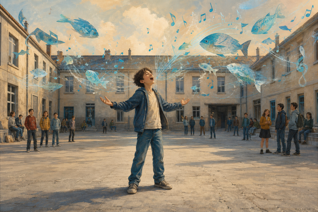 Un collégien chante au milieu de la cour tandis que des poissons bleus et des notes de musique nagent dans l’air.