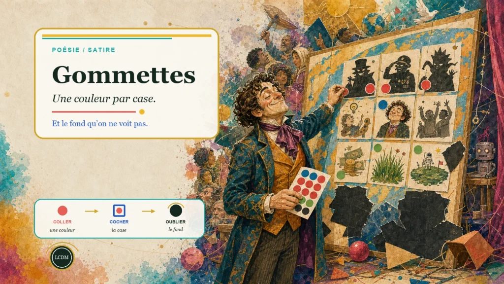 Un homme satisfait colle des gommettes colorées sur un monde découpé en cases tandis que le réel déborde derrière le tableau.