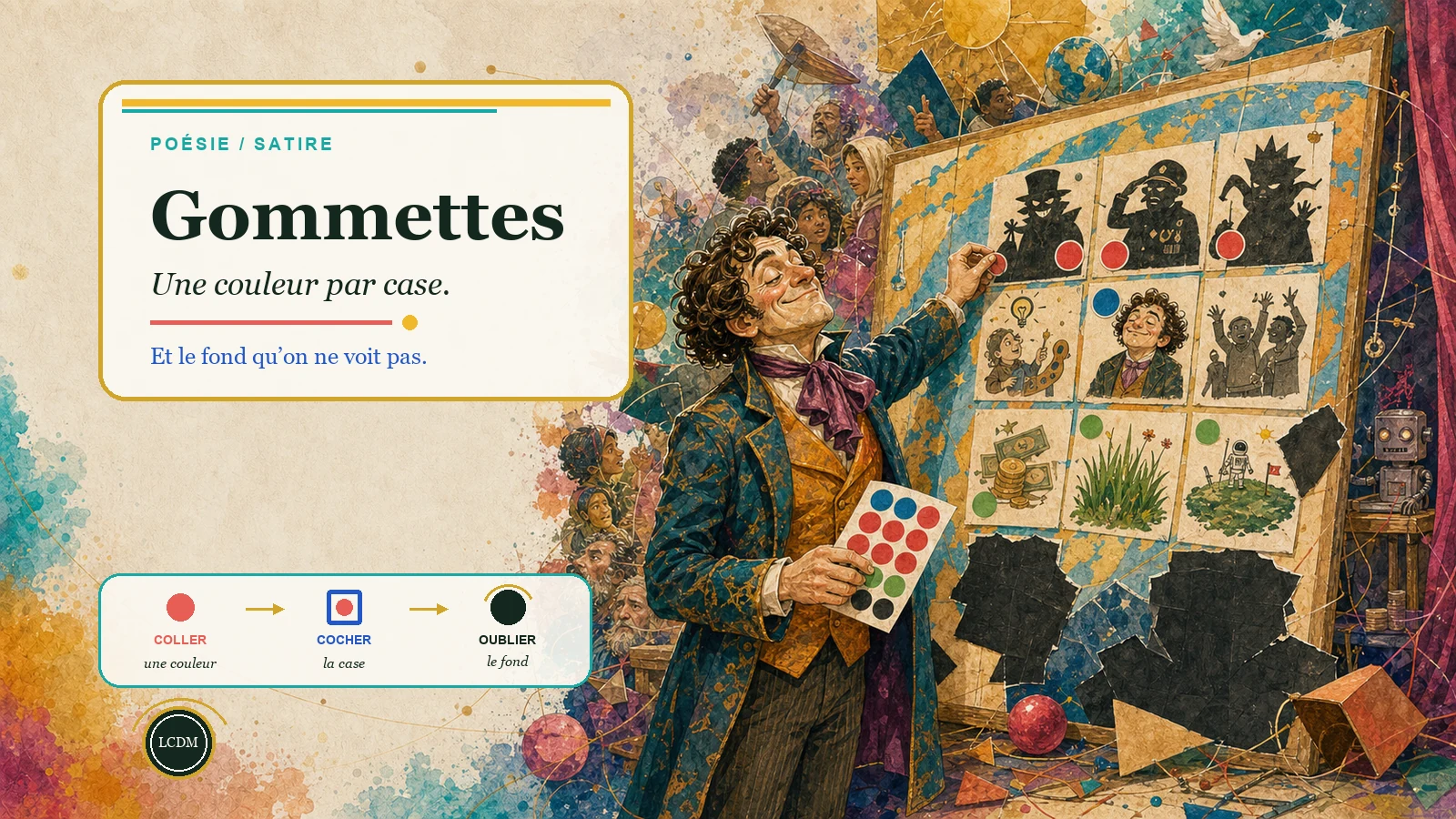 Un homme satisfait colle des gommettes colorées sur un monde découpé en cases tandis que le réel déborde derrière le tableau.