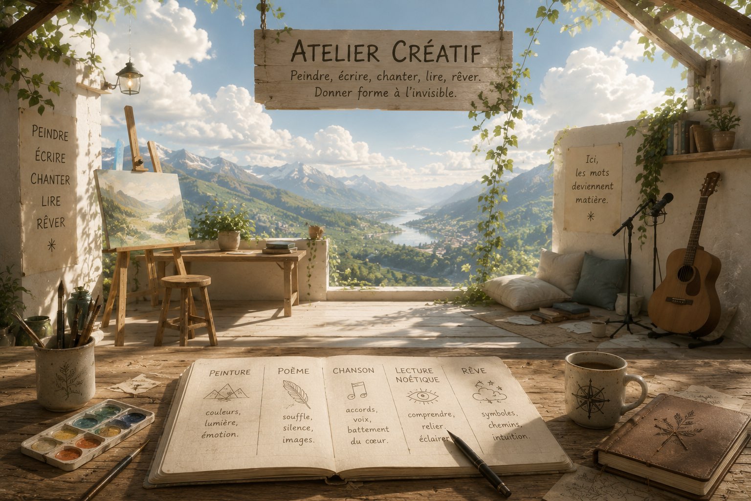 L’atelier créatif du Chant des Mots, ouvert sur un paysage de montagne.