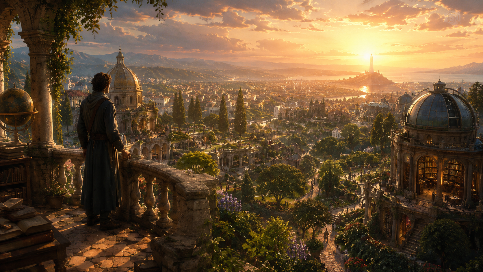 Une cité vivante observée depuis une terrasse au lever du jour.