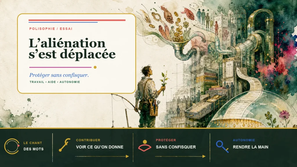 Une personne tenant une jeune pousse et des outils fait face à une immense machine administrative, au-dessus d’un bandeau LCDM présentant contribution, protection et autonomie.
