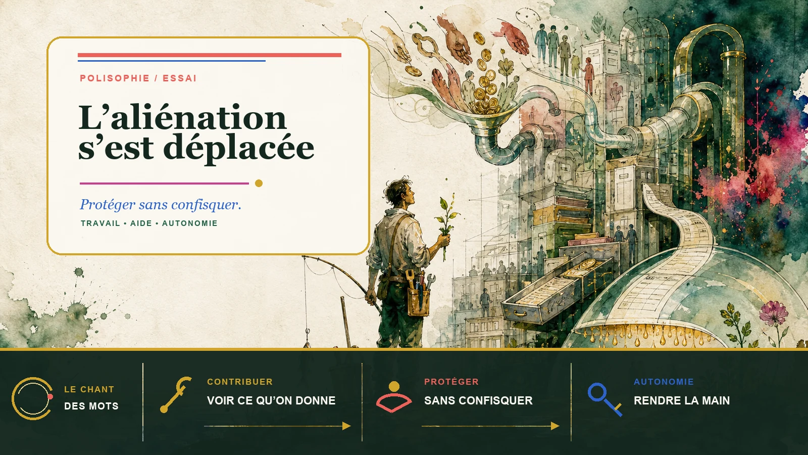 Une personne tenant une jeune pousse et des outils fait face à une immense machine administrative, au-dessus d’un bandeau LCDM présentant contribution, protection et autonomie.