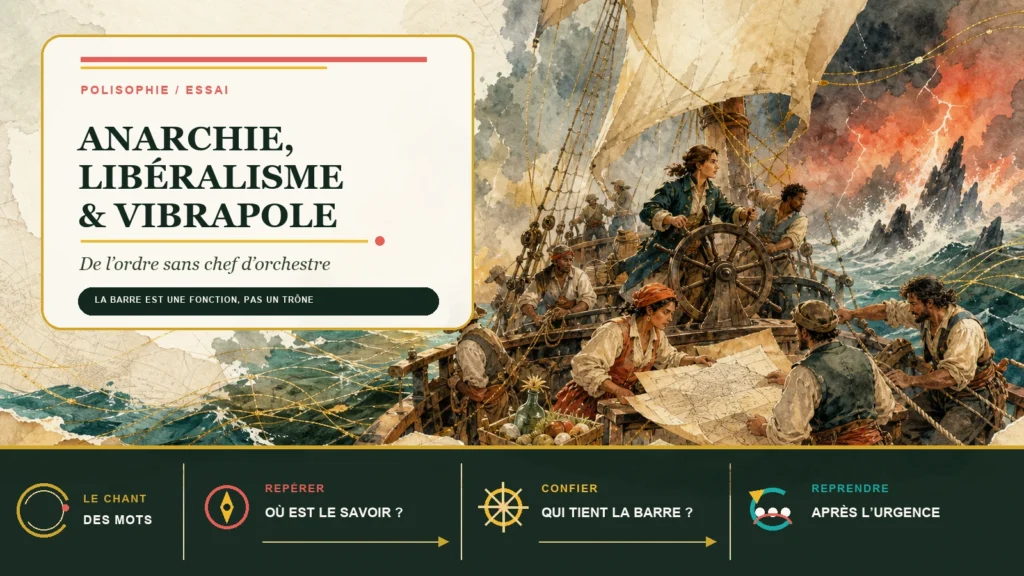 Un équipage pirate gouverne collectivement un navire tandis qu’une capitaine prend temporairement la barre au cœur d’une tempête.