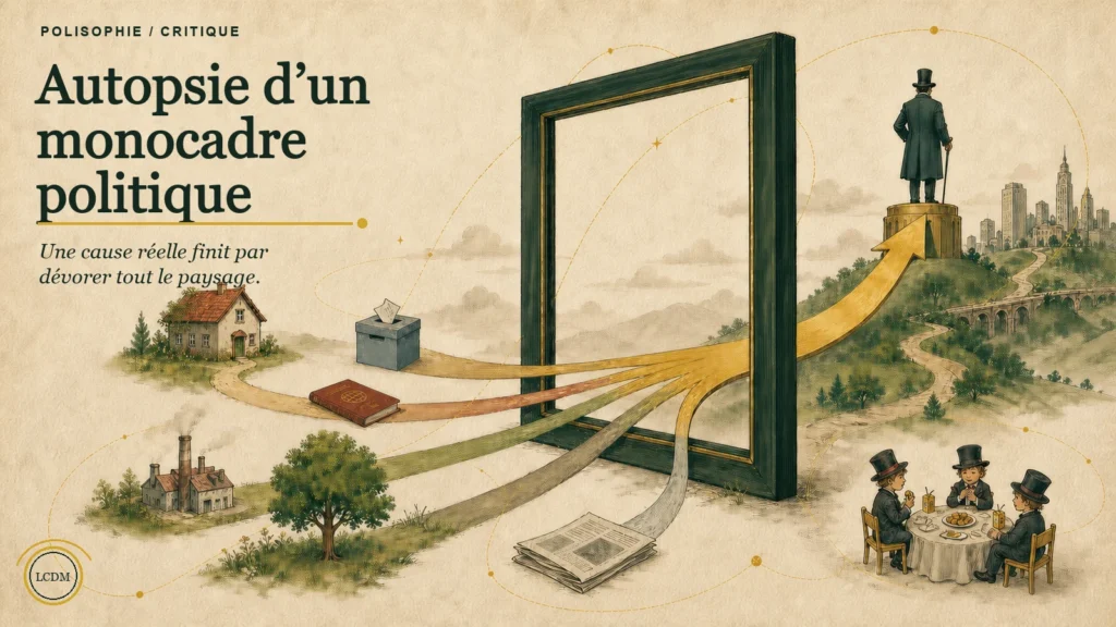 Affiche du Chant des Mots montrant plusieurs réalités forcées à travers un seul cadre, tandis que trois milliardaires miniatures se réunissent autour d’un goûter.