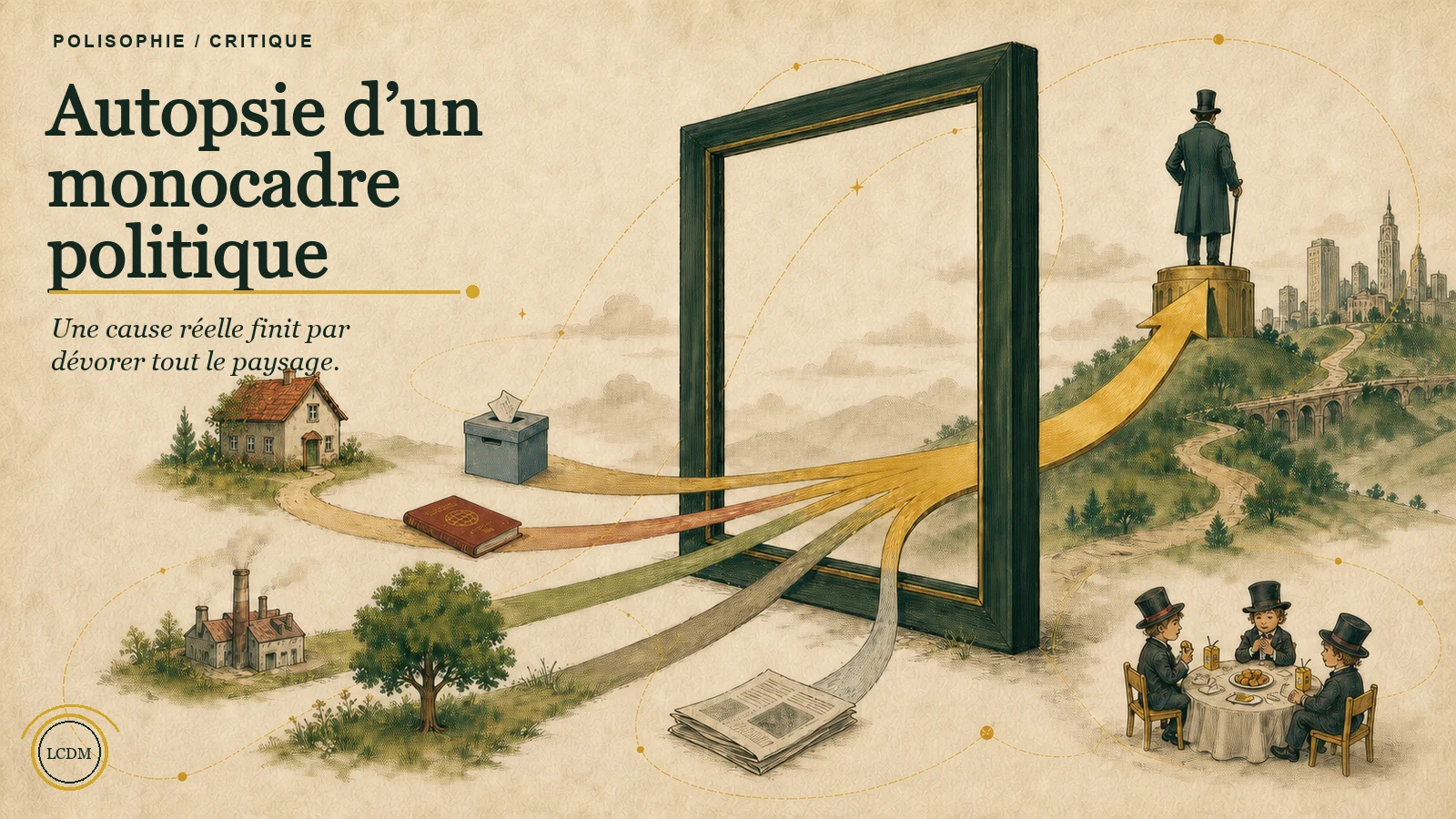 Affiche du Chant des Mots montrant plusieurs réalités forcées à travers un seul cadre, tandis que trois milliardaires miniatures se réunissent autour d’un goûter.
