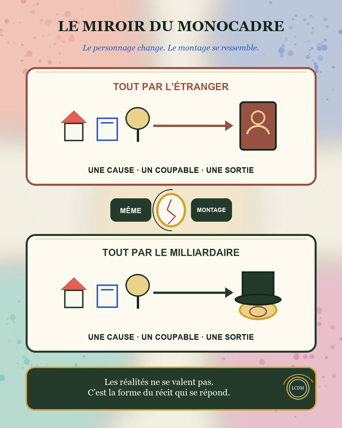 Deux récits opposés ramènent une réalité complexe soit à l’étranger, soit au milliardaire, selon la même structure : une cause, un coupable, une sortie.