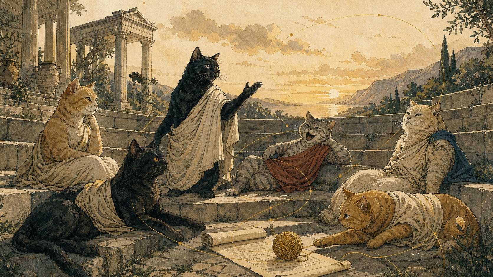Six chats philosophes en toge débattent dans un amphithéâtre grec tandis qu’une pelote d’or roule sur leur parchemin.