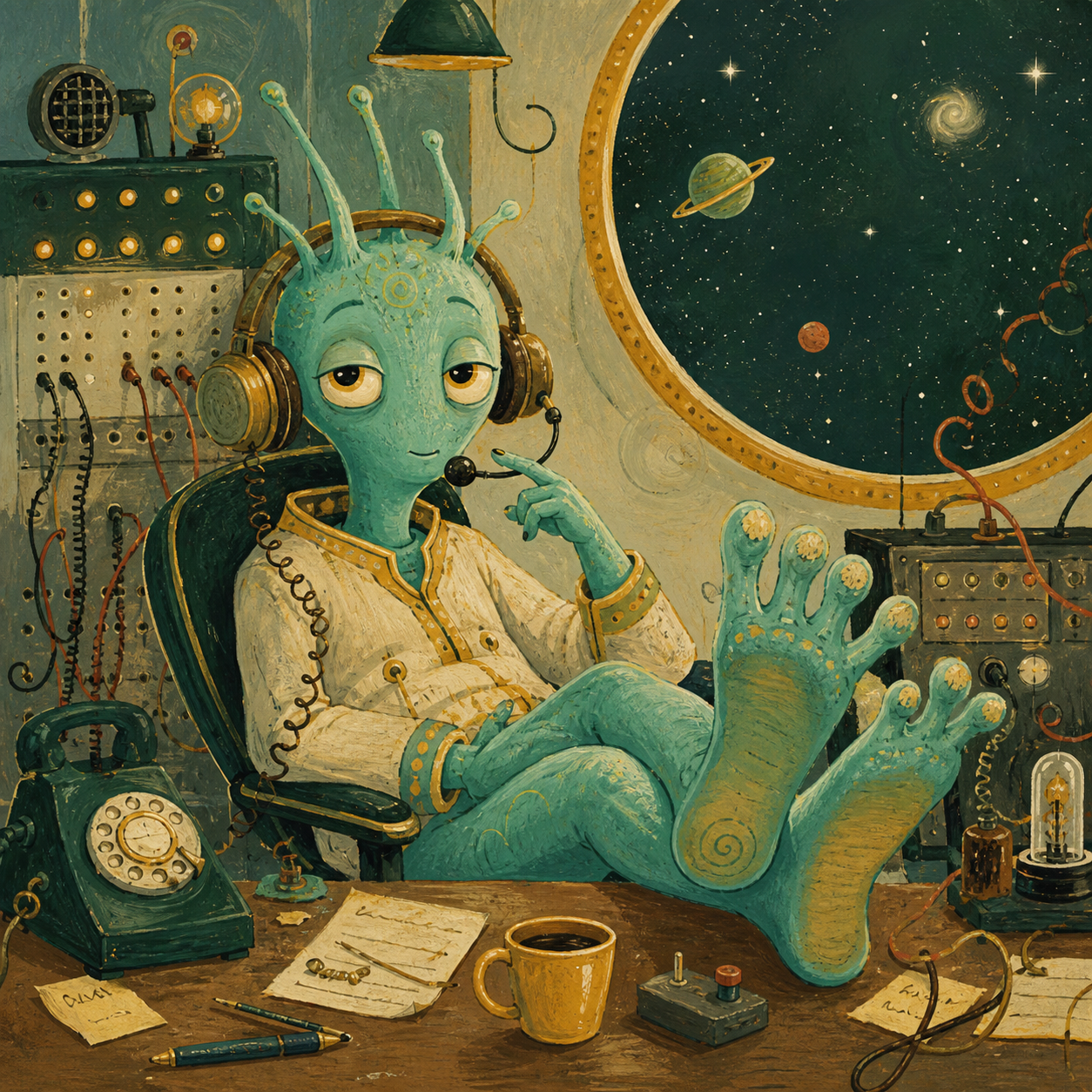 Écho, extraterrestre au casque-micro, assure nonchalamment la permanence du standard cosmique.