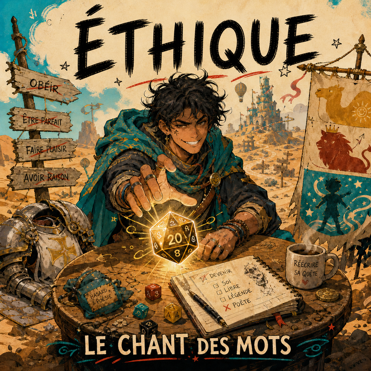 Pochette Éthique avec rogue, dé vingt, armure de paladin et quête absurde