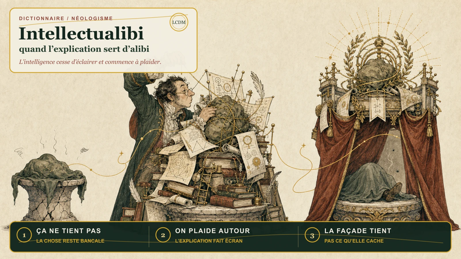 Infographie du Chant des Mots montrant une chose bancale qu’un savant-avocat recouvre de livres et de diagrammes avant de la présenter derrière une façade brillante, tandis que le cadavre reste caché sous le rideau.