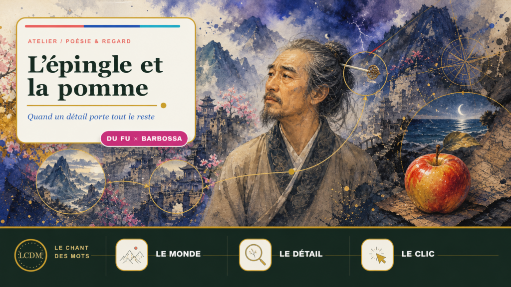 Couverture LCDM de L’épingle et la pomme : Du Fu devant des montagnes, son épingle et une pomme rouge reliées par un parcours graphique.