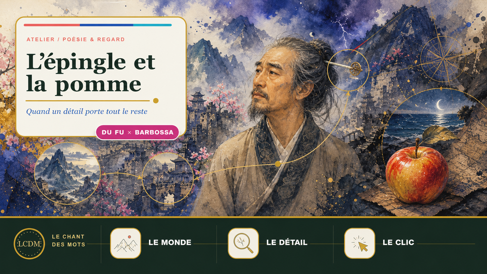 Couverture LCDM de L’épingle et la pomme : Du Fu devant des montagnes, son épingle et une pomme rouge reliées par un parcours graphique.