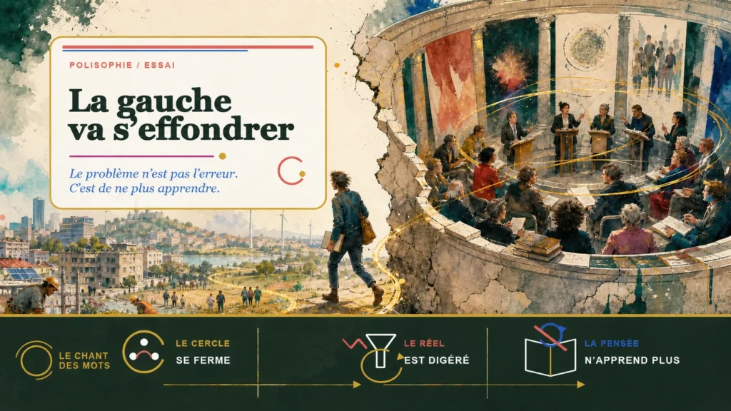 Une personne quitte un cercle de penseurs enfermé dans un amphithéâtre fissuré pour rejoindre un monde vivant de travailleurs, de soignants, d’élèves et de ville, relié par un fil d’or.