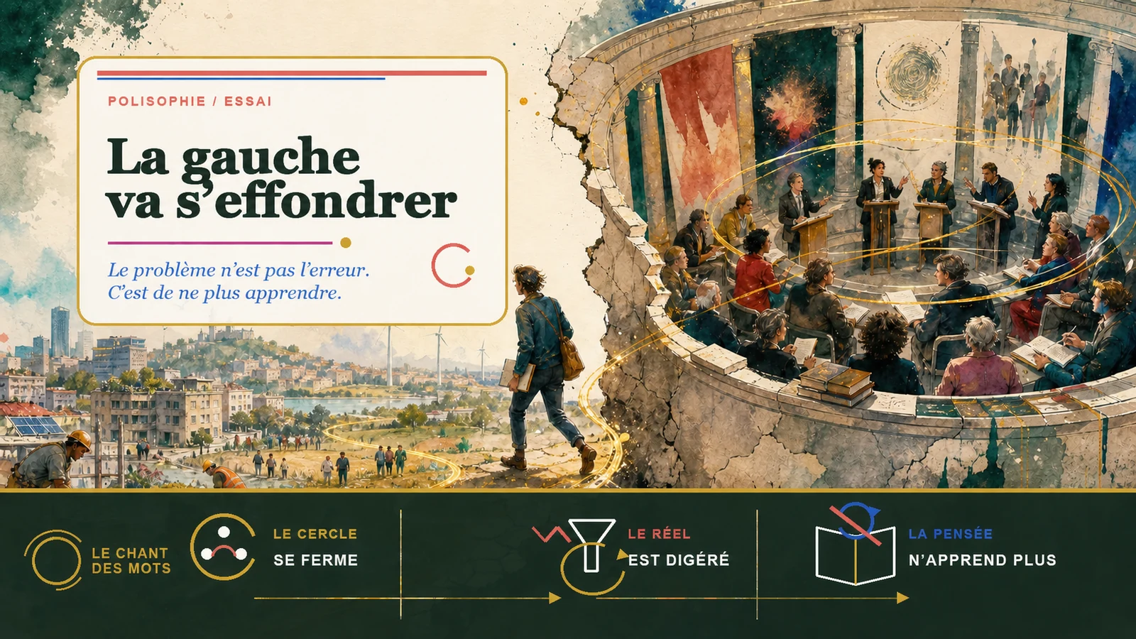 Une personne quitte un cercle de penseurs enfermé dans un amphithéâtre fissuré pour rejoindre un monde vivant de travailleurs, de soignants, d’élèves et de ville, relié par un fil d’or.