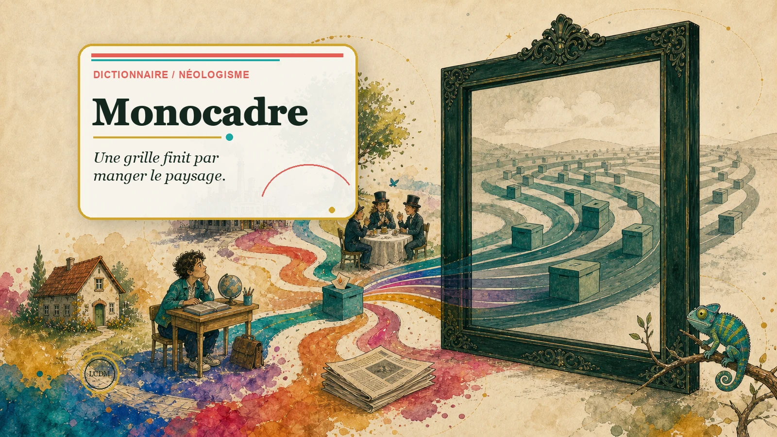 Illustration poétique d’une seule grille qui finit par recouvrir tout le paysage.