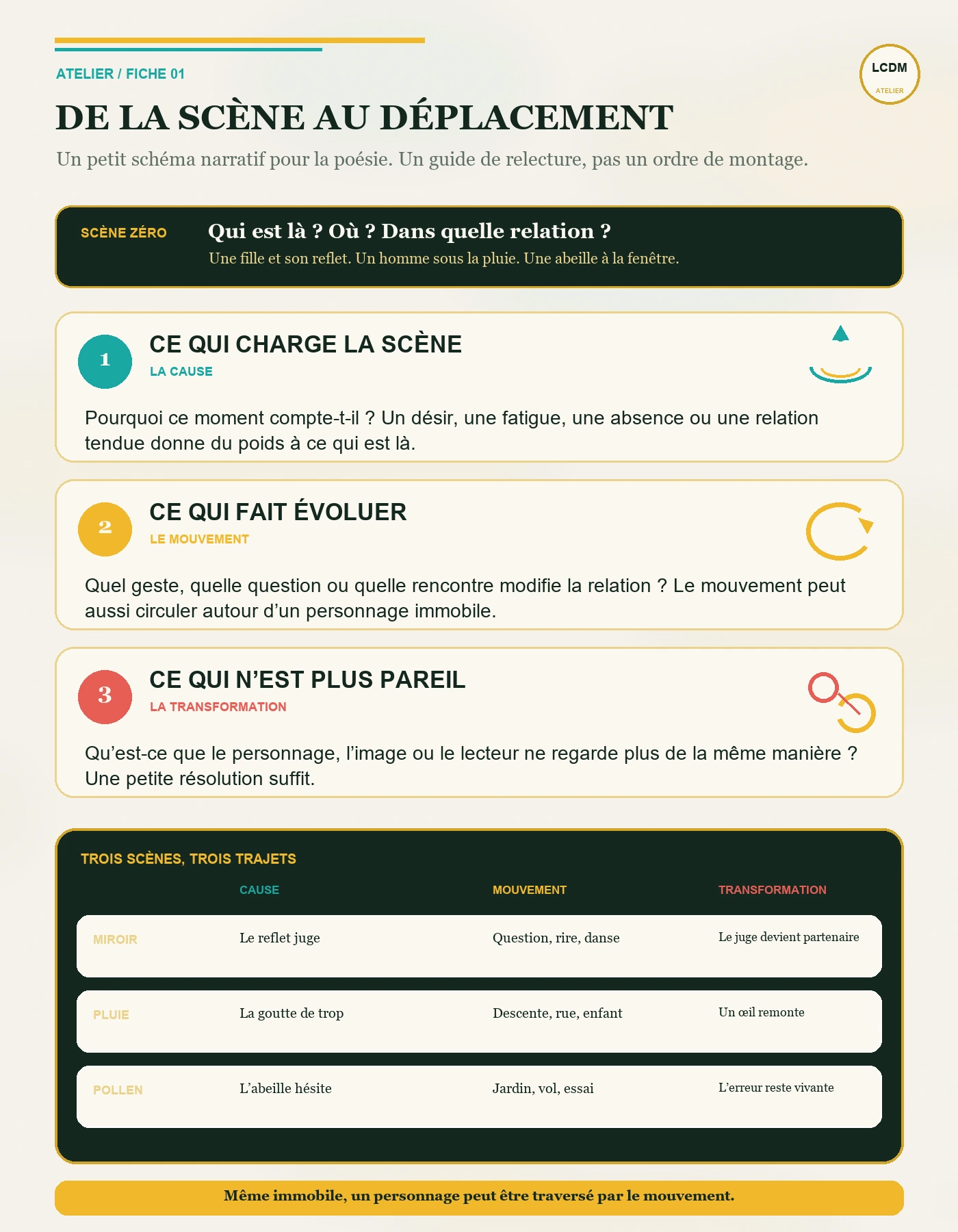 Guide narratif souple : scène, cause, mouvement et transformation, illustré avec Miroir, Un jour de pluie et À portée de pollen.