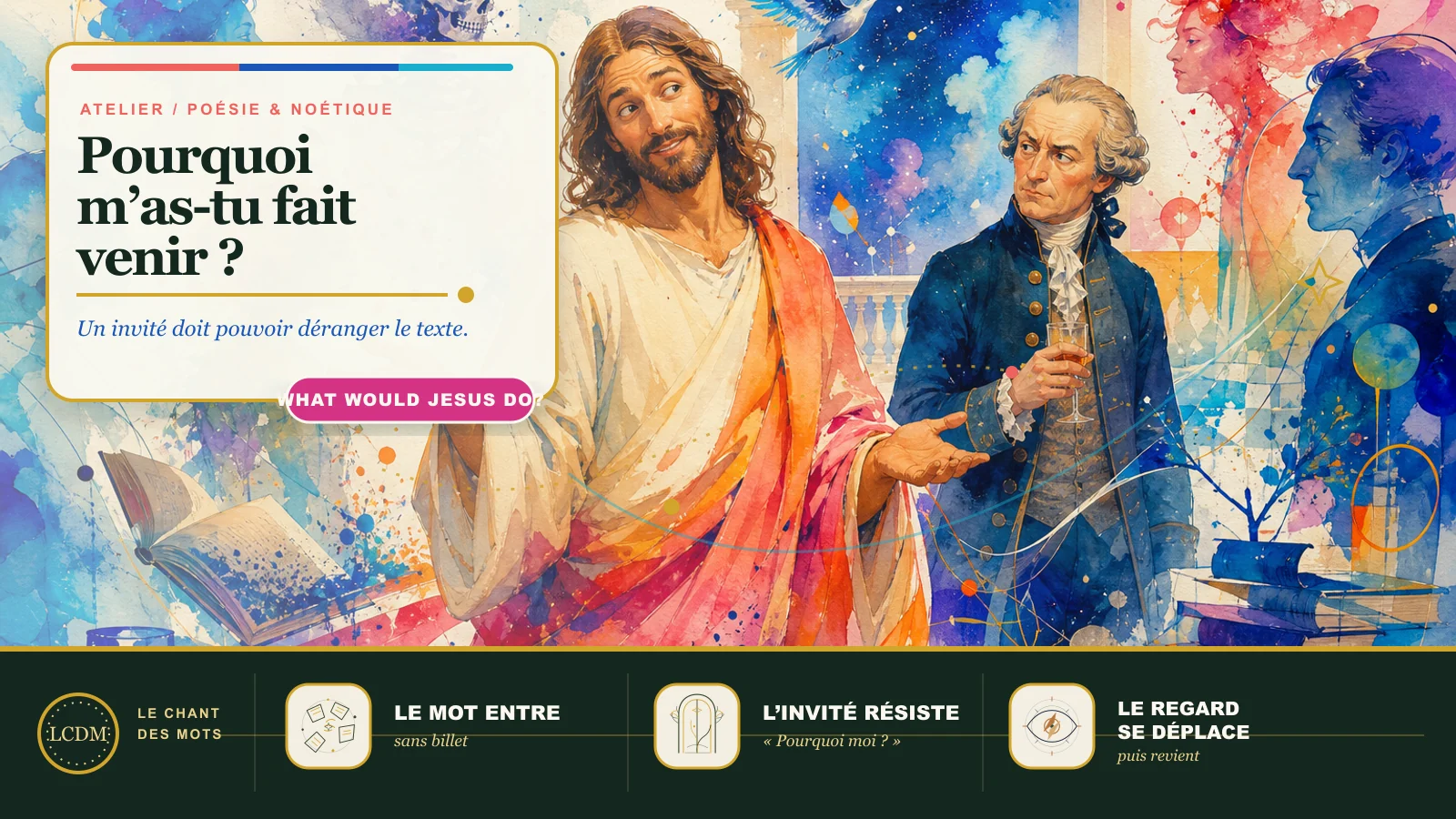 Couverture aquarellée du Chant des Mots montrant Jésus et Kant, avec un parcours du mot invité au regard déplacé.