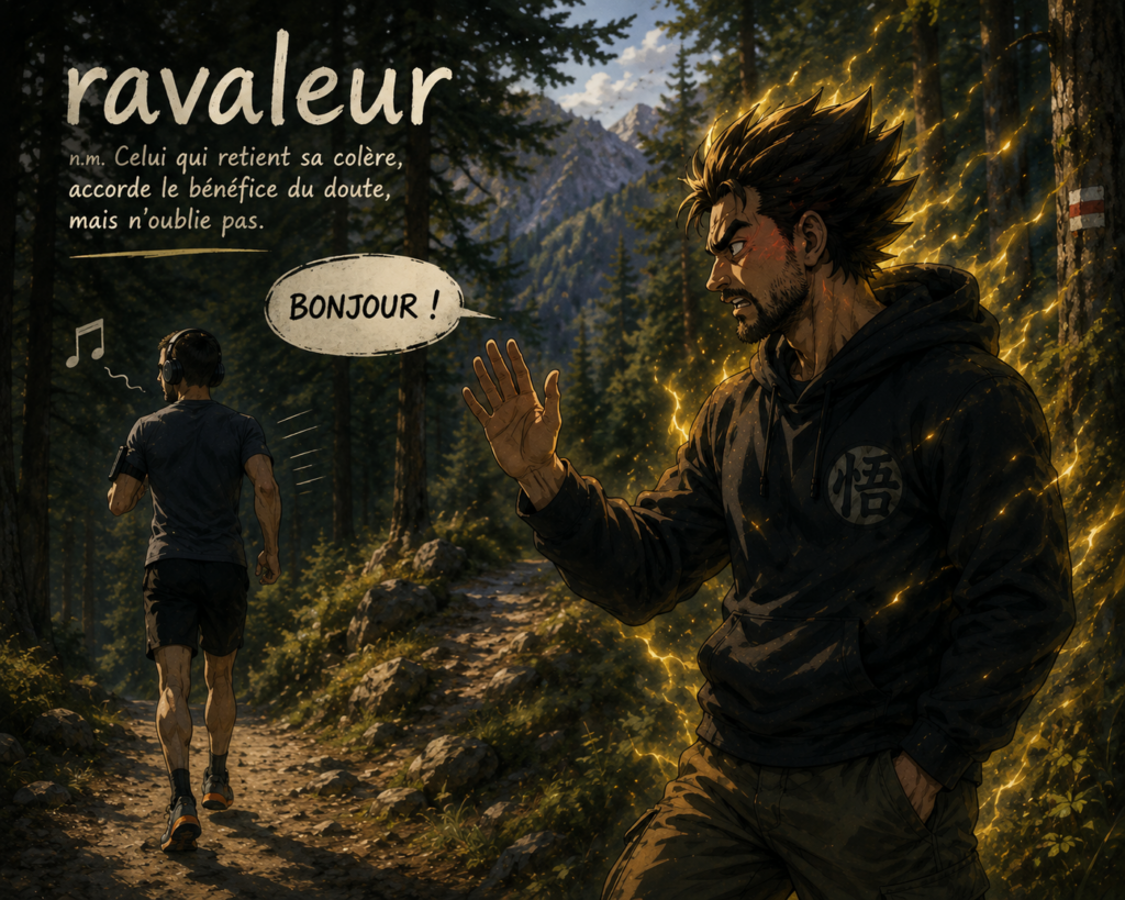 Ravaleur retenant sa colère devant un joggeur qui ne répond pas bonjour