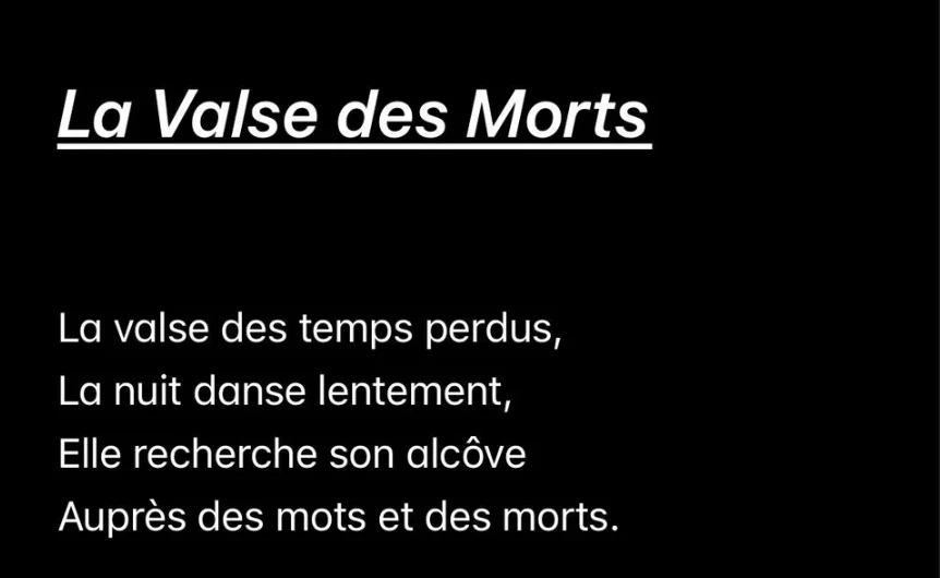 Extrait anonymisé de La Valse des Morts : temps perdus, nuit dansante et mots rapprochés des morts.