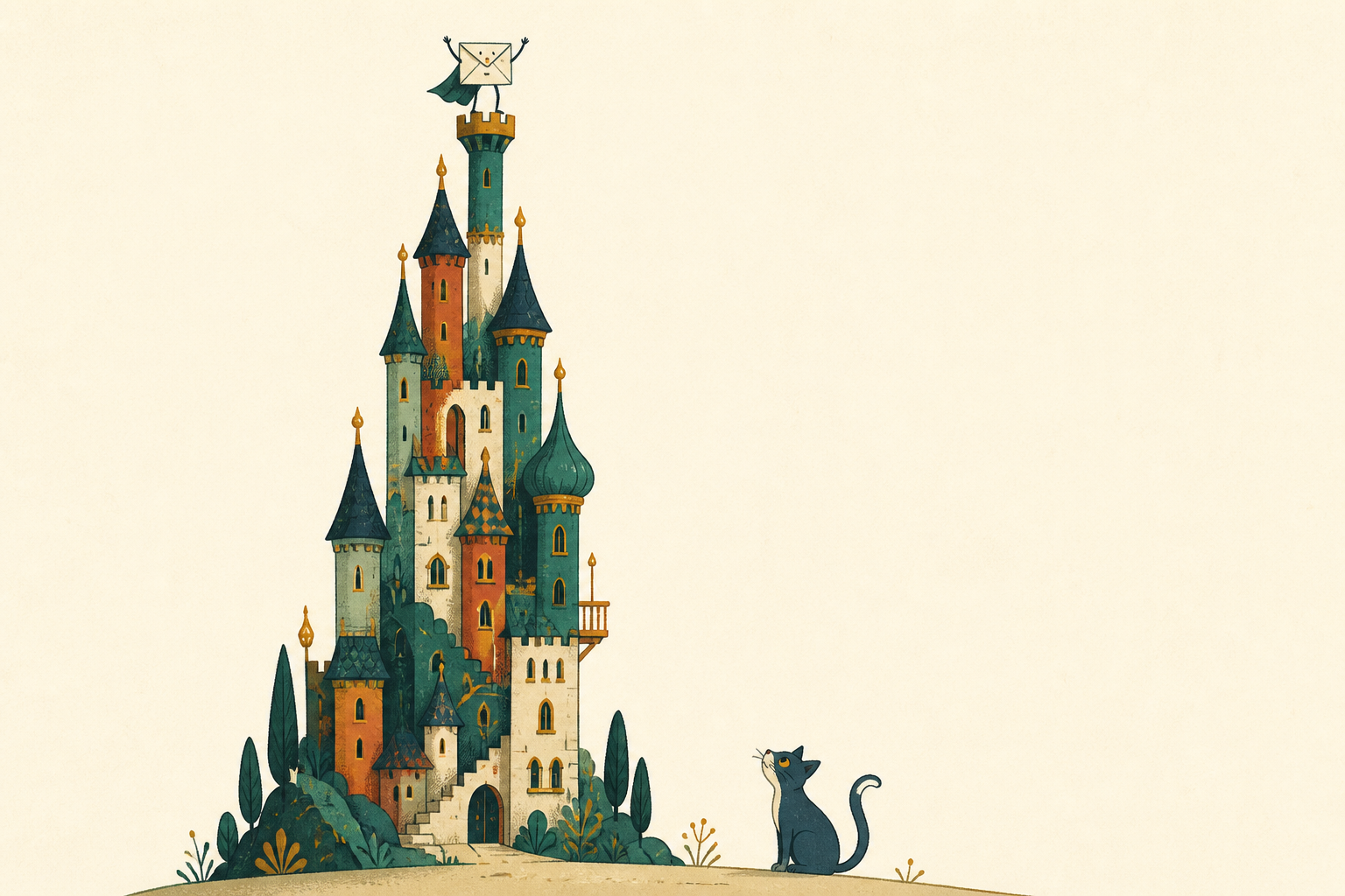 Une petite réponse s’est réfugiée au sommet d’un château pendant qu’un chat la regarde d’en bas.