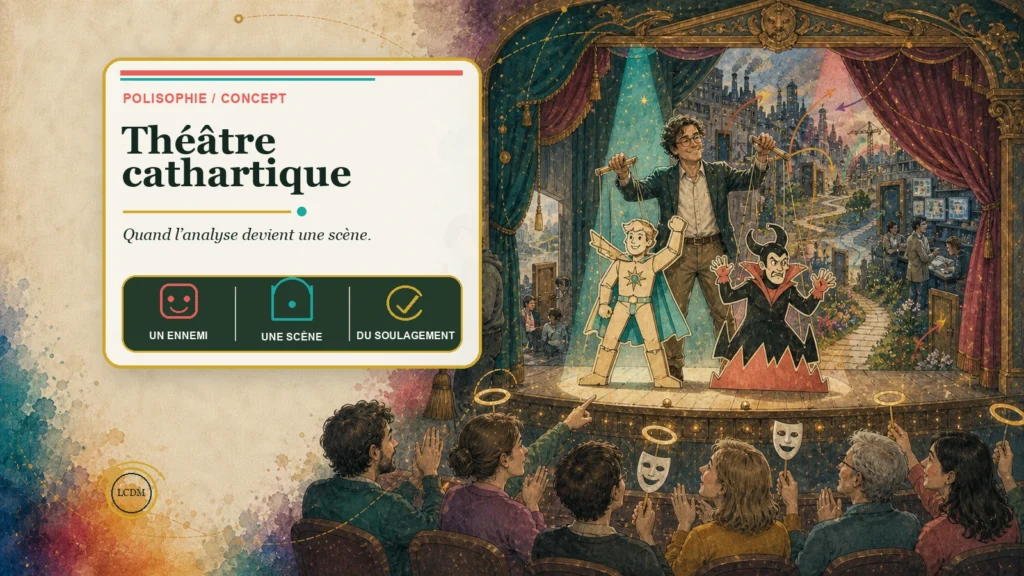 Un analyste met en scène un héros et un ennemi en carton devant un public soulagé, tandis que le réel complexe reste visible derrière le rideau.