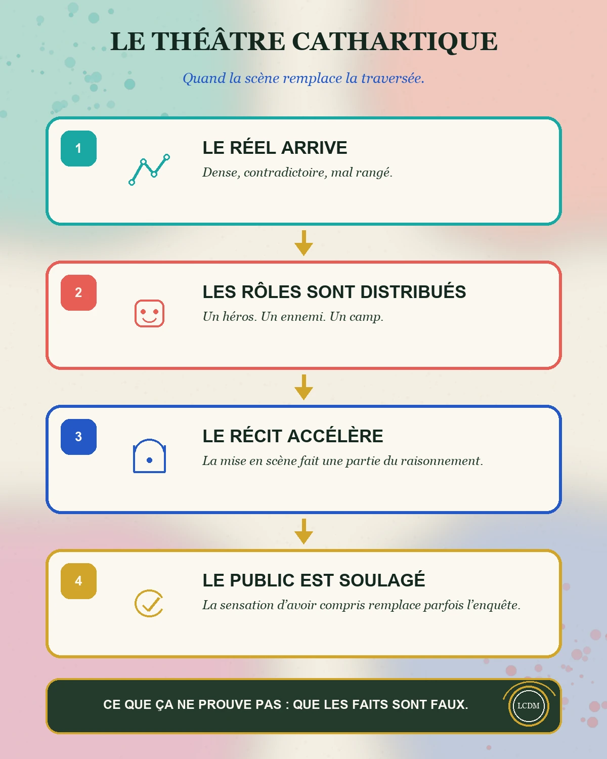 Infographie du théâtre cathartique en quatre étapes : le réel arrive, les rôles sont distribués, le récit accélère et le public est soulagé.