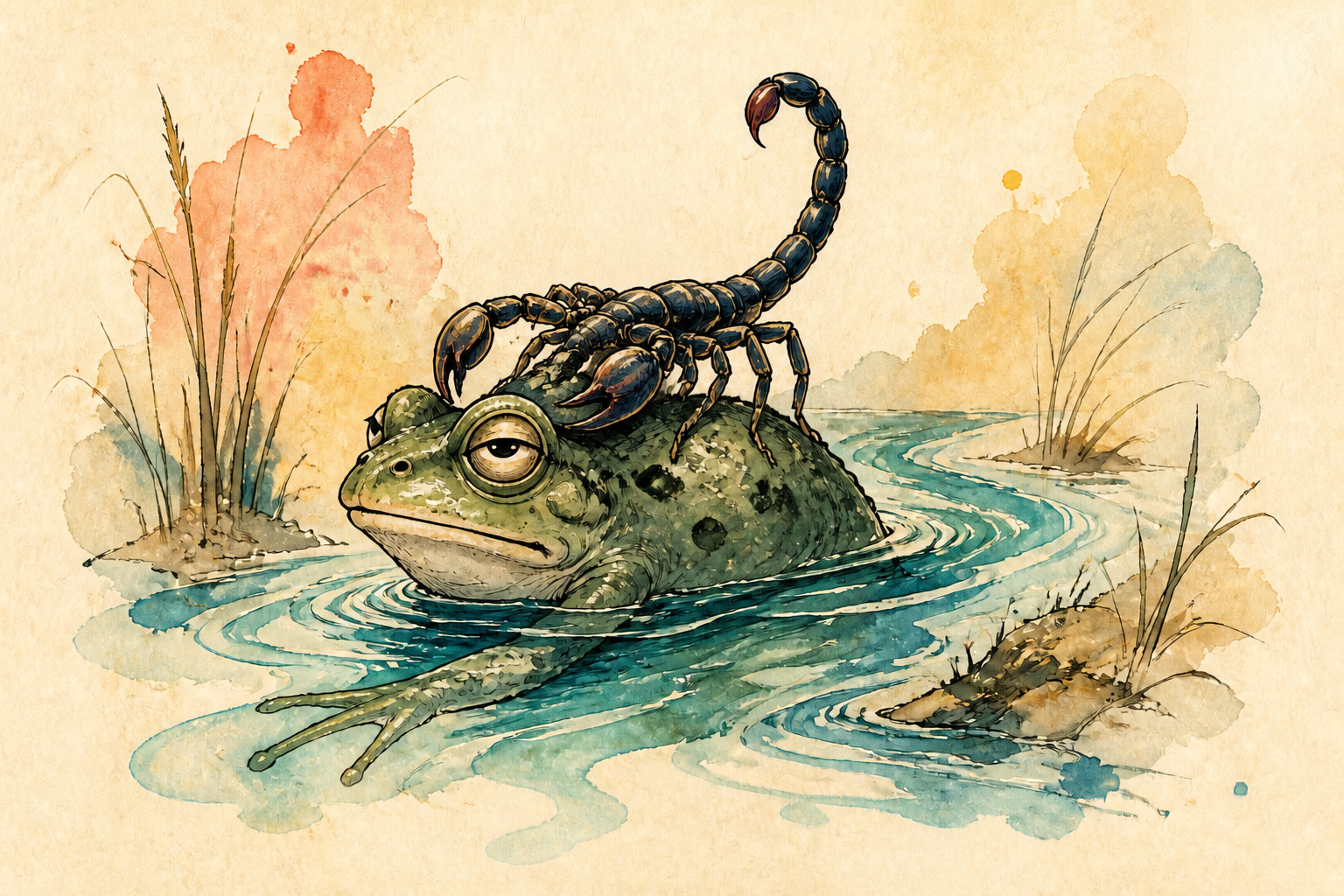 Une grenouille sceptique traverse une rivière avec un scorpion sur le dos.