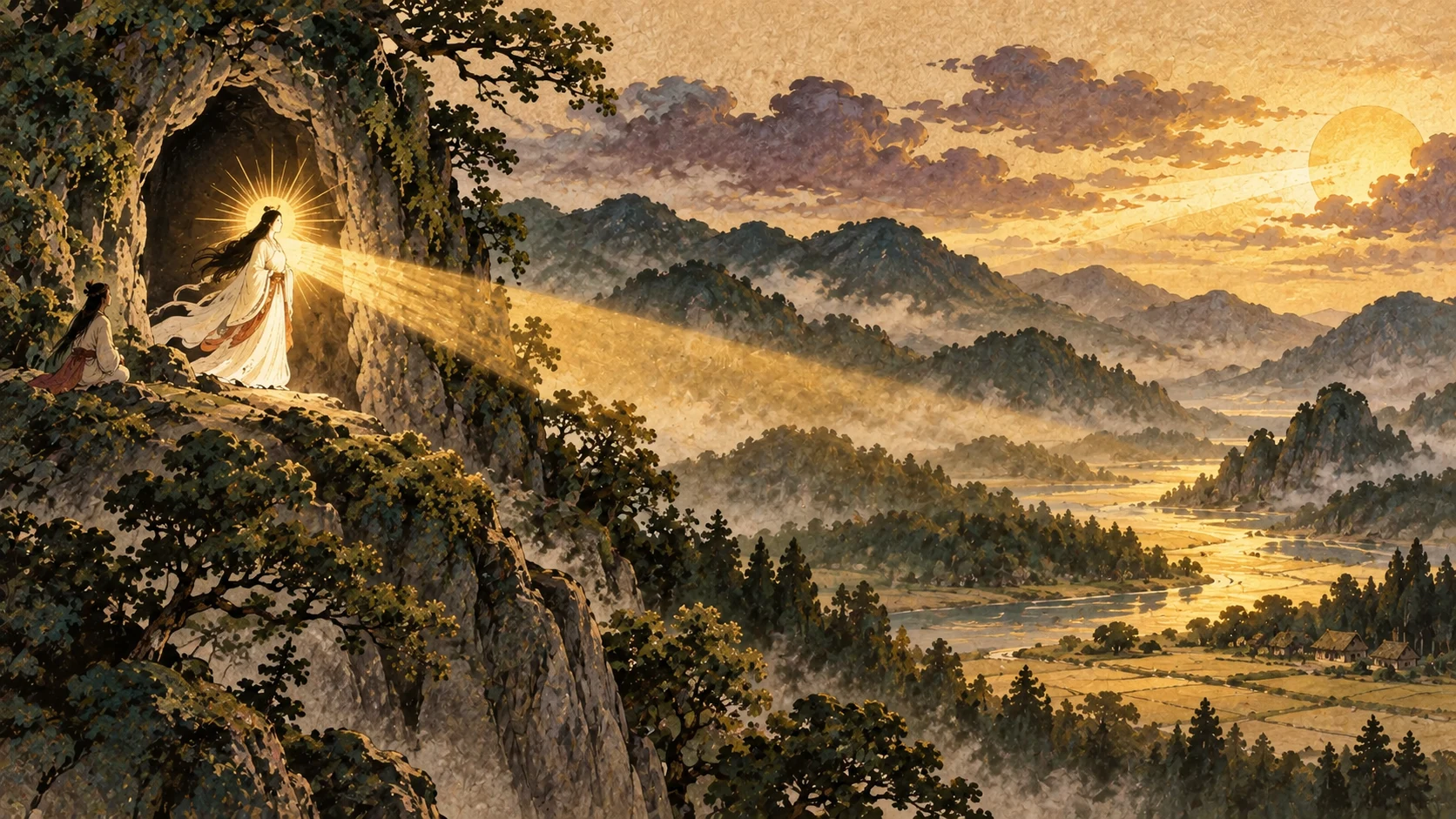 Amaterasu sort de la grotte ; un rayon traverse le paysage encore sombre.