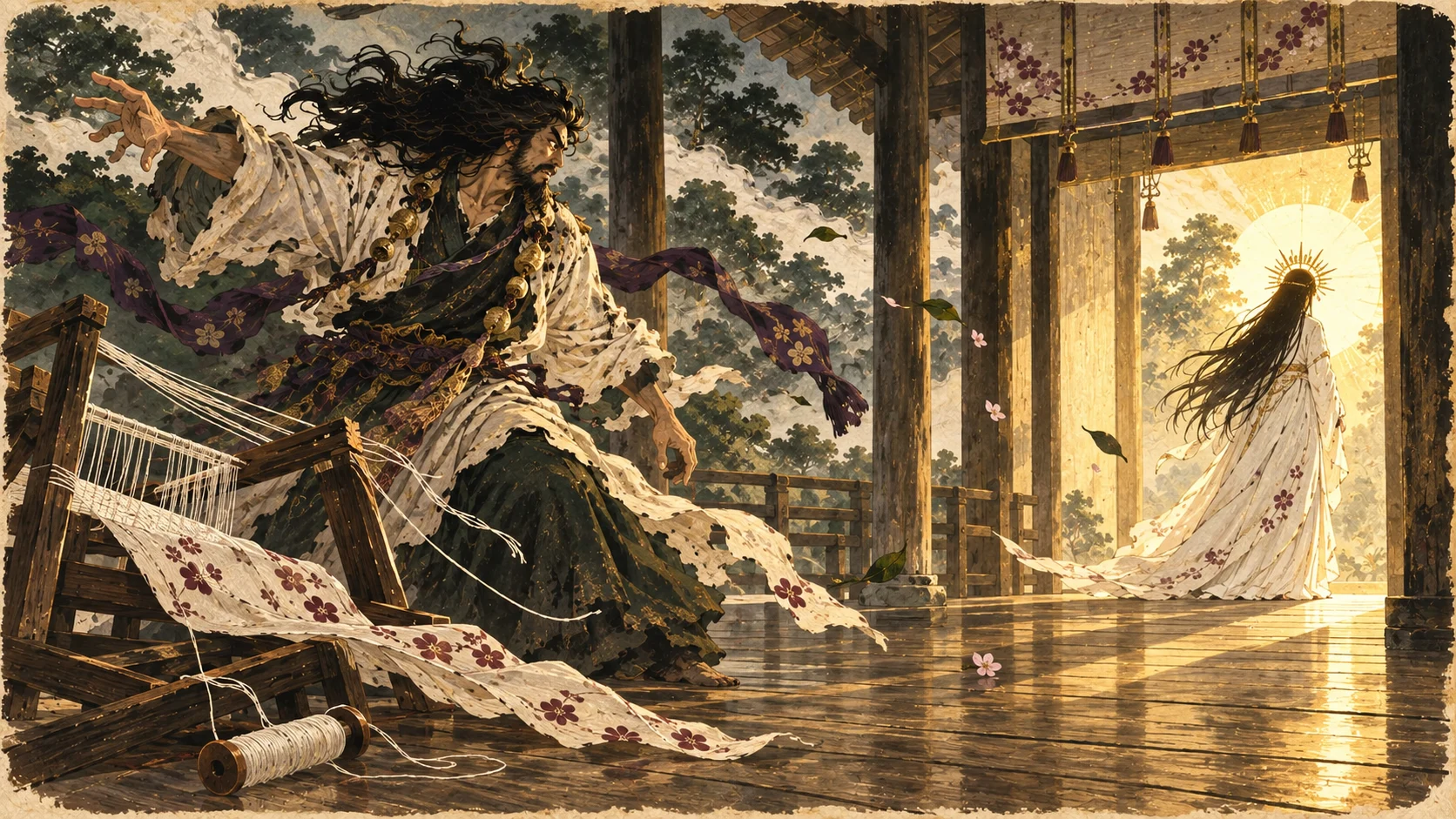 Susanoo devant un métier à tisser défait ; Amaterasu s’éloigne vers une porte éclairée.