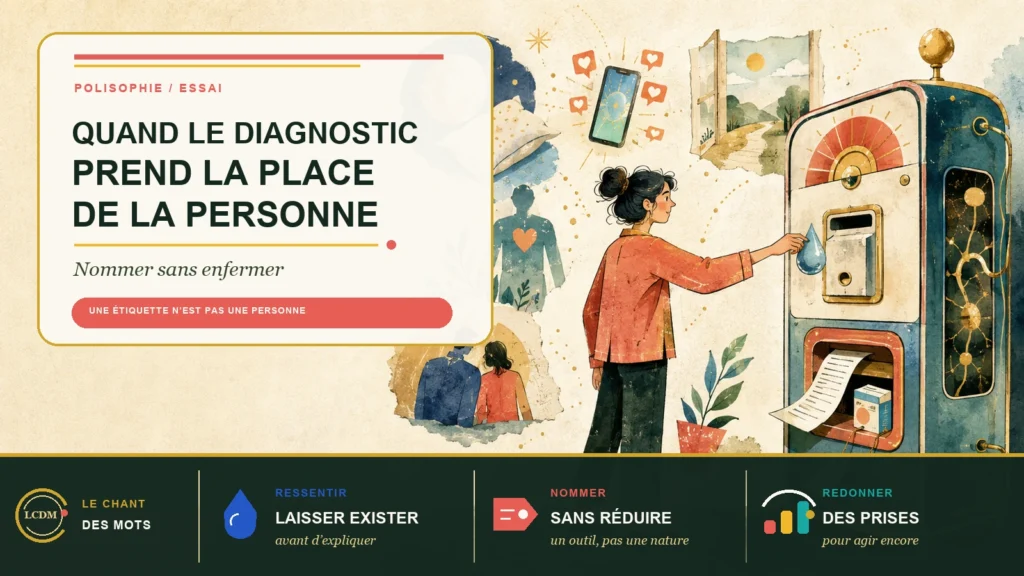 Une femme face à un distributeur d’ordonnances : une étiquette n’est pas une personne.
