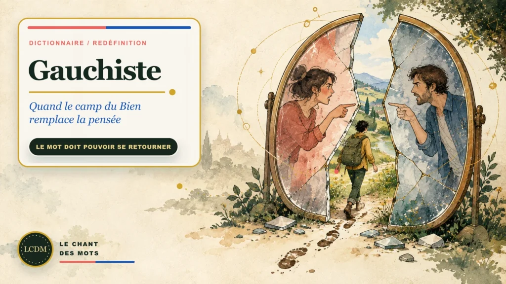 Deux personnages se désignent dans les moitiés d’un miroir fendu tandis qu’une personne traverse la fissure vers le réel, laissant des traces de boue.