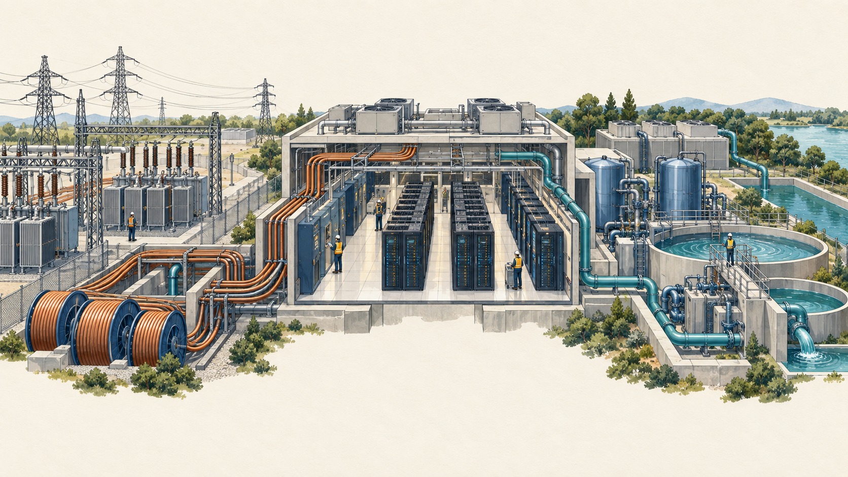 Illustration en coupe d’un centre de données relié à un réseau électrique et à une installation de gestion de l’eau.