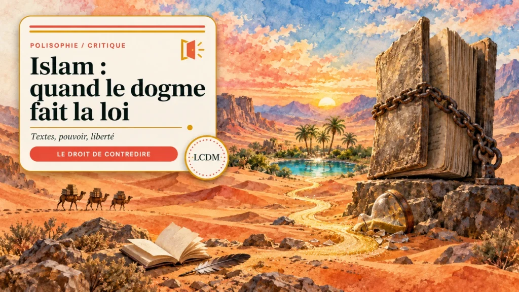 Dans le désert, un livre de pierre enchaîné domine un sablier brisé. Le sable conduit vers une oasis et une caravane de livres.
