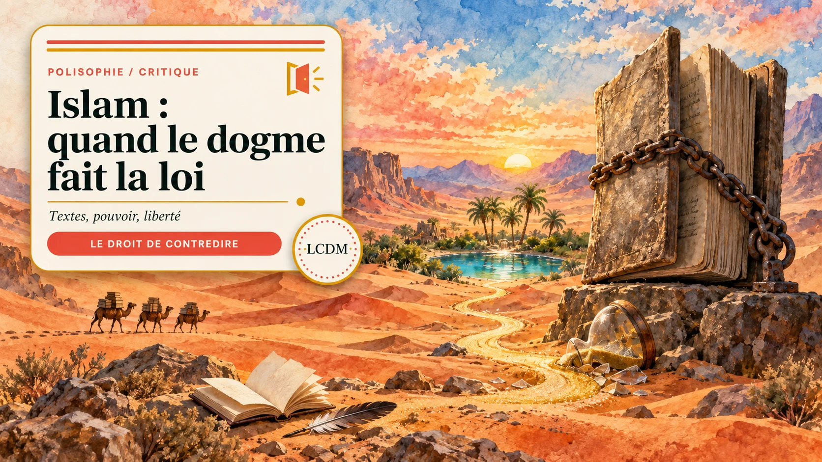 Dans le désert, un livre de pierre enchaîné domine un sablier brisé. Le sable conduit vers une oasis et une caravane de livres.