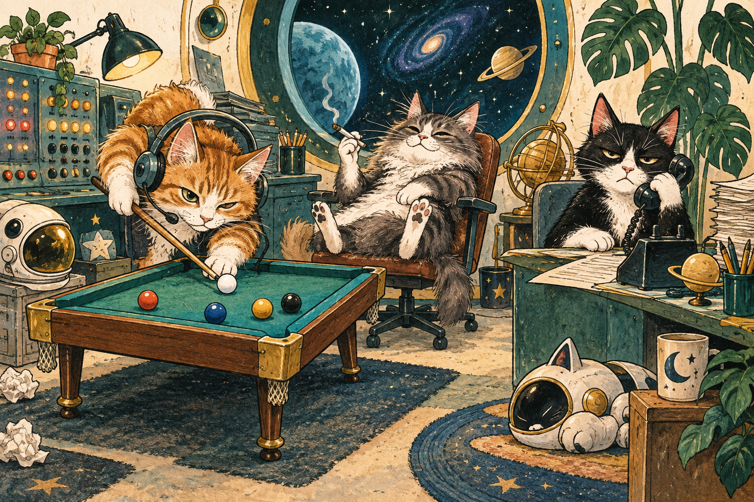 Trois chats tiennent le standard intergalactique : l’un joue au billard, l’autre fume dans un fauteuil, le troisième décroche à contrecœur.